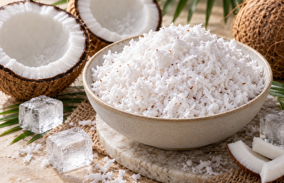 Fresh grated coconut prepared for rapid freezing